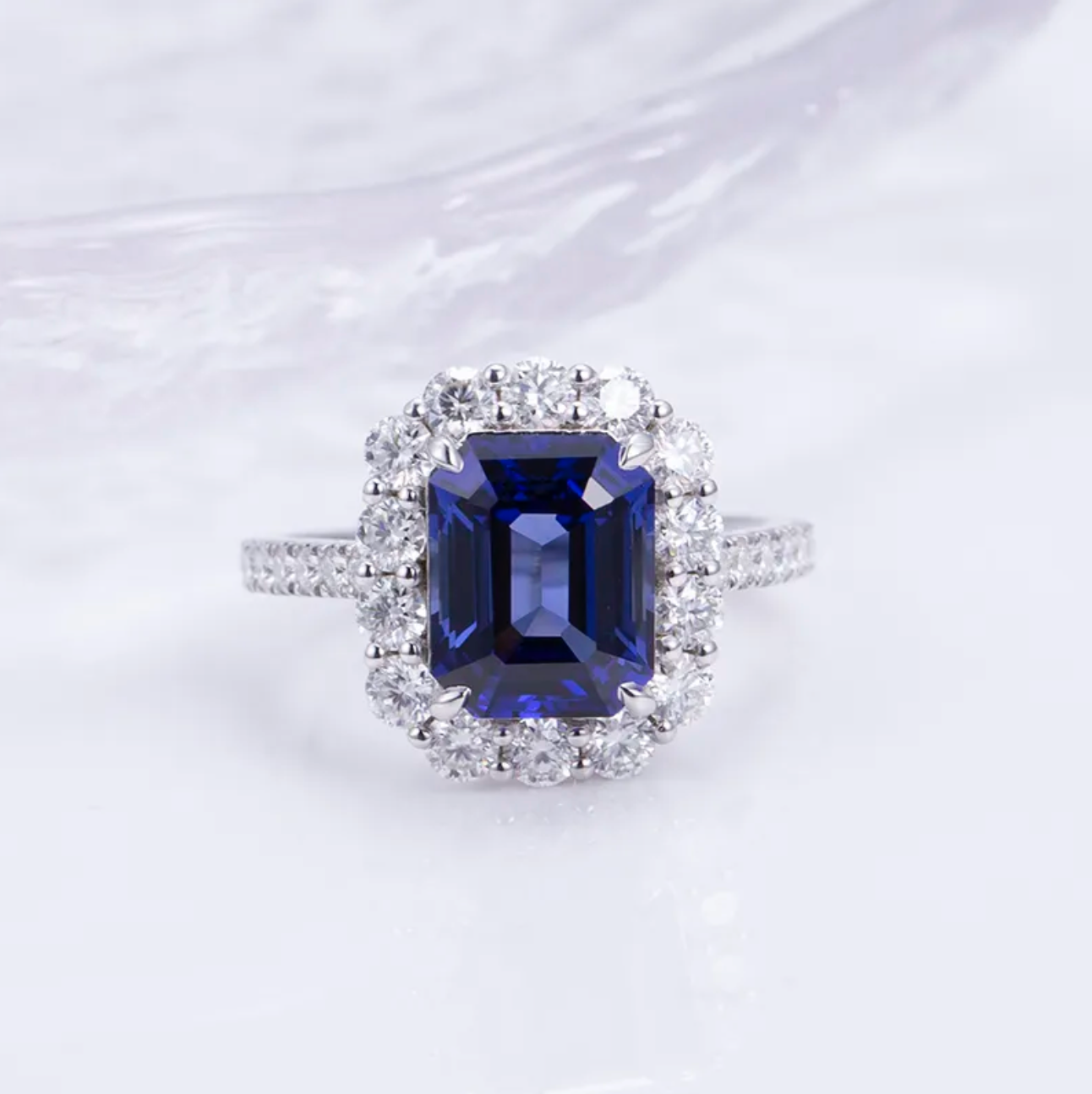 Blue Emerald Halo Engagement Ring