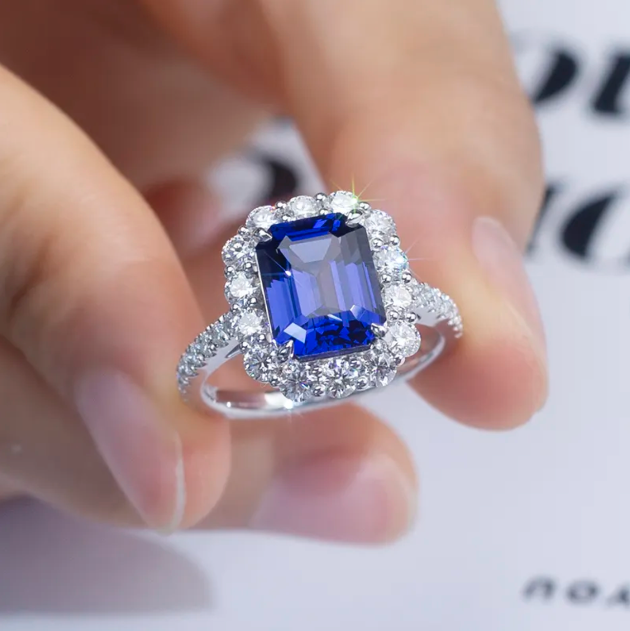 Blue Emerald Halo Engagement Ring