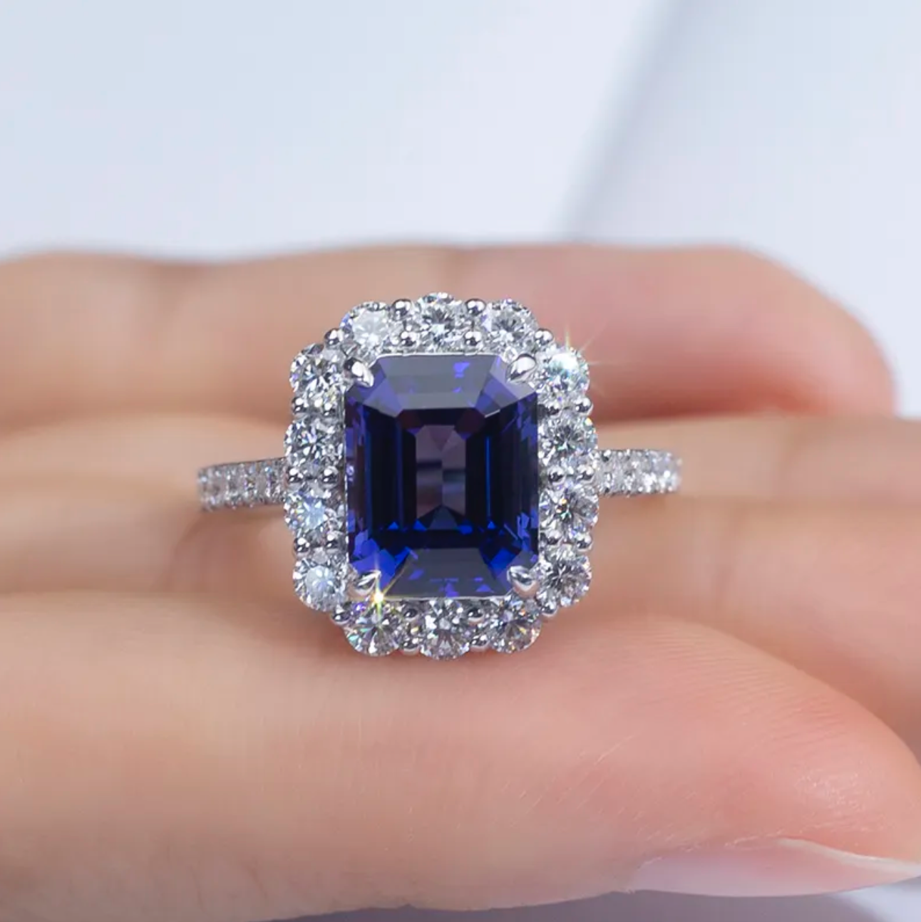 Blue Emerald Halo Engagement Ring