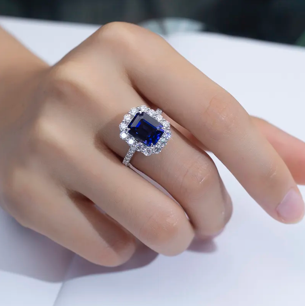 Blue Emerald Halo Engagement Ring
