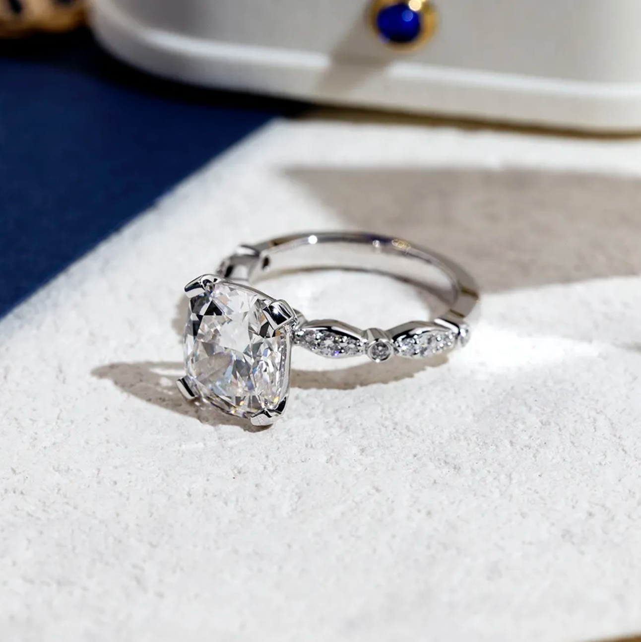 Cushion Solitaire Side Stone Engagement Ring