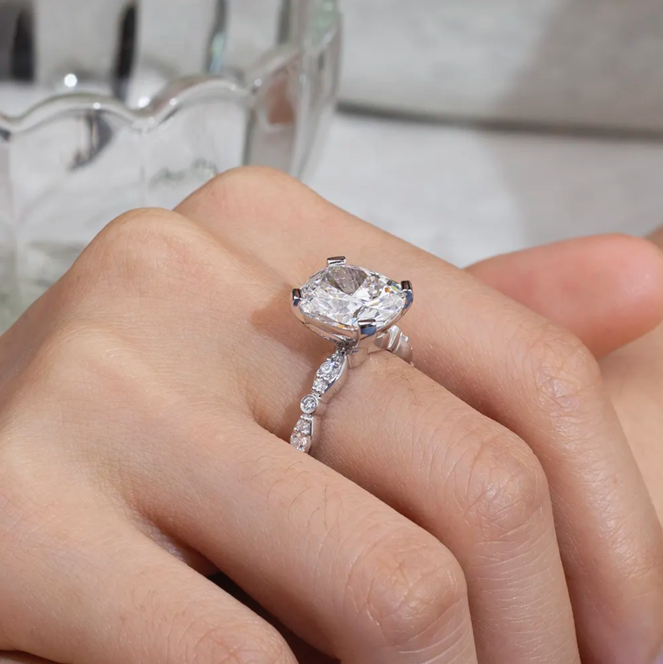 Cushion Solitaire Side Stone Engagement Ring